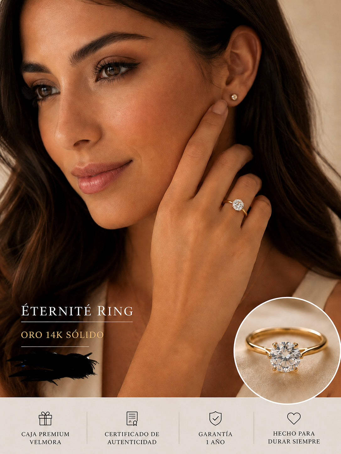 Material:en oro 14k • Estilo: Solitario clásico moderno. • Empaque: Caja beige con logo dorado. • Certificado de autenticidad