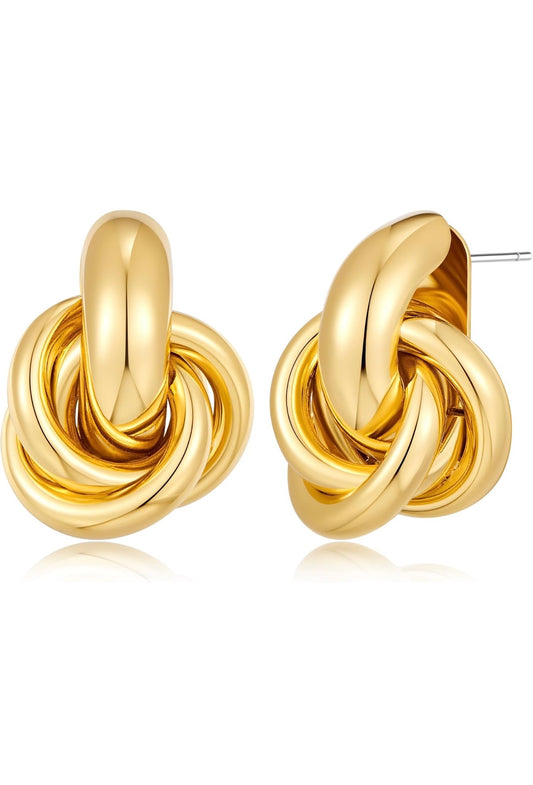 Chunky Gold Geometric Drop Earrings for Women – Modern Twisted-Link Design with Small Knot and Stud Top